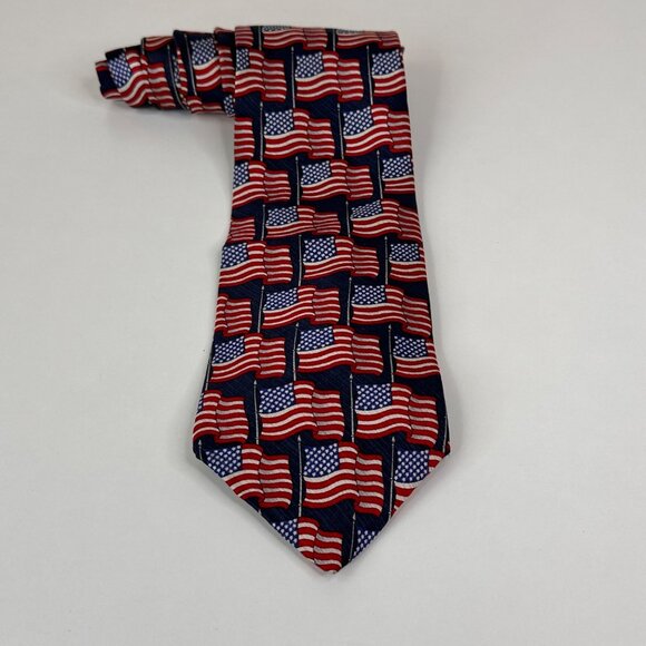 American Traditions USA-Made American Flag Pattern Silk Tie Red/White/Blue Mens - Picture 1 of 7